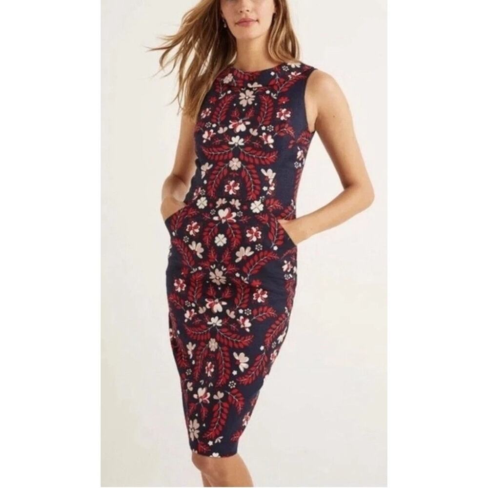 Boden Navy Blue Floral Trellis Embroidered Martha Sheath Dress Sleeveless 10R